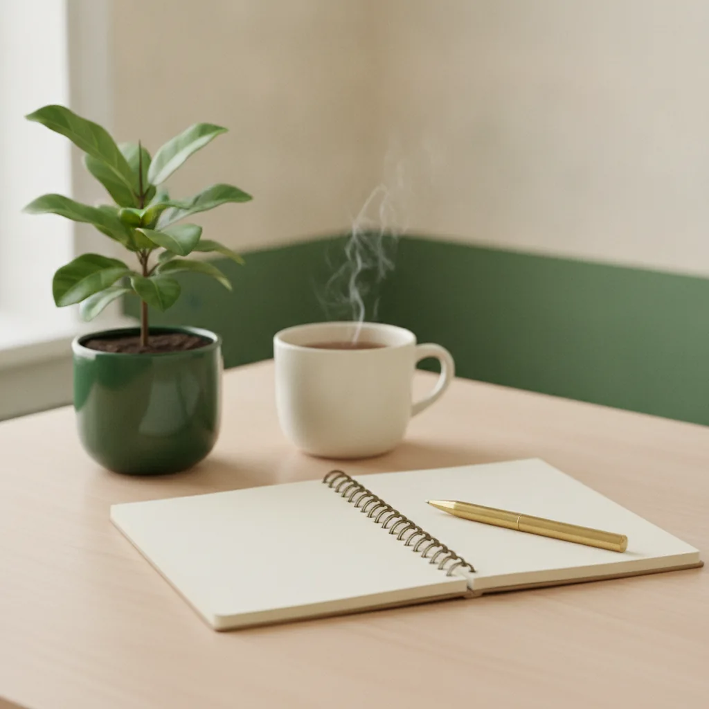 Opgeruimd werkblad met een notitieboek, pen en een plant op een lichte achtergrond