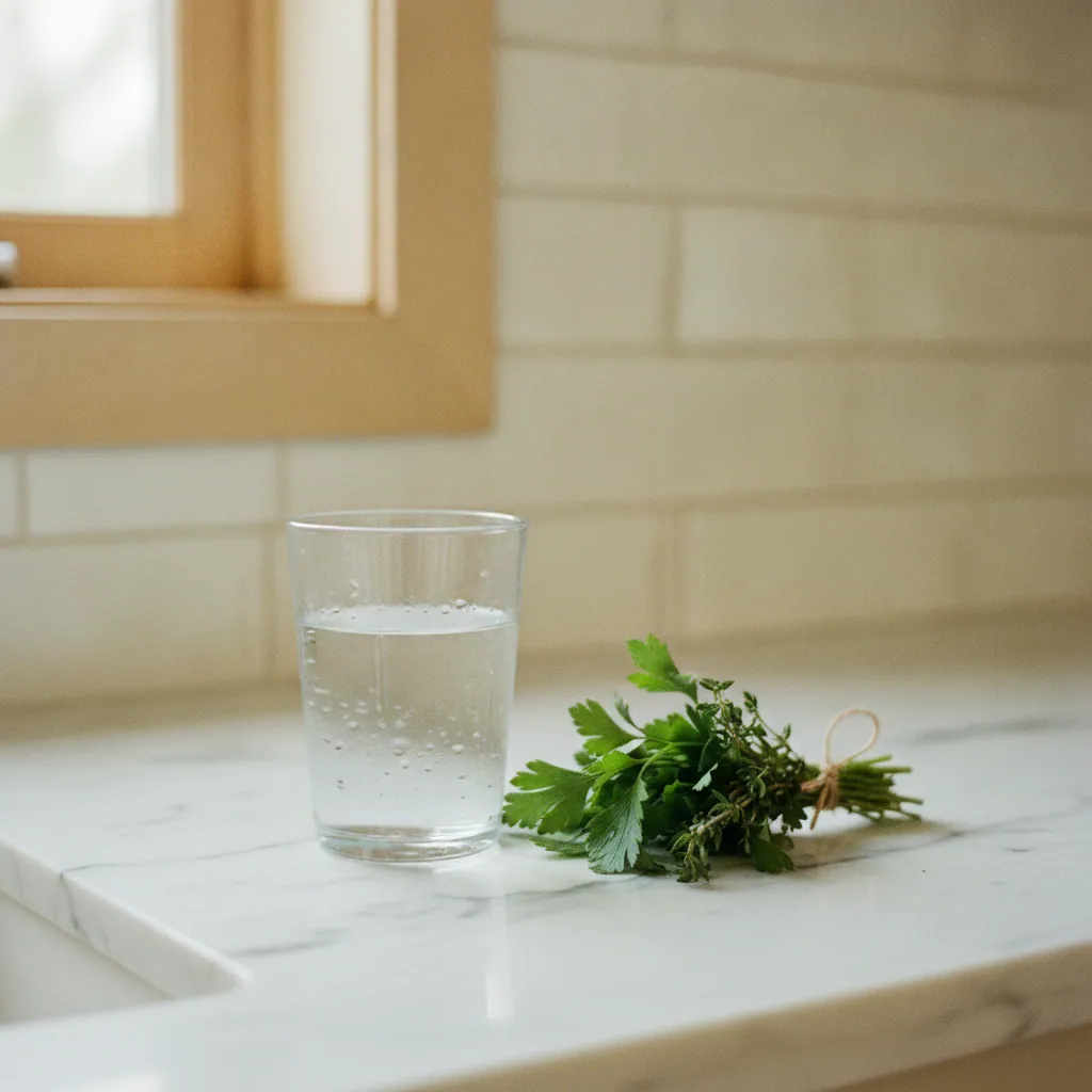 Glas water en groene kruiden op een licht keukenblad, rustige sfeer